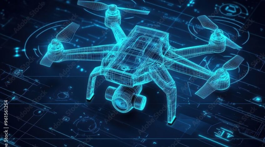 , dron,A digital blueprint of a quadcopter drone rendered in a neon blue wireframe style. sur Pinterest
