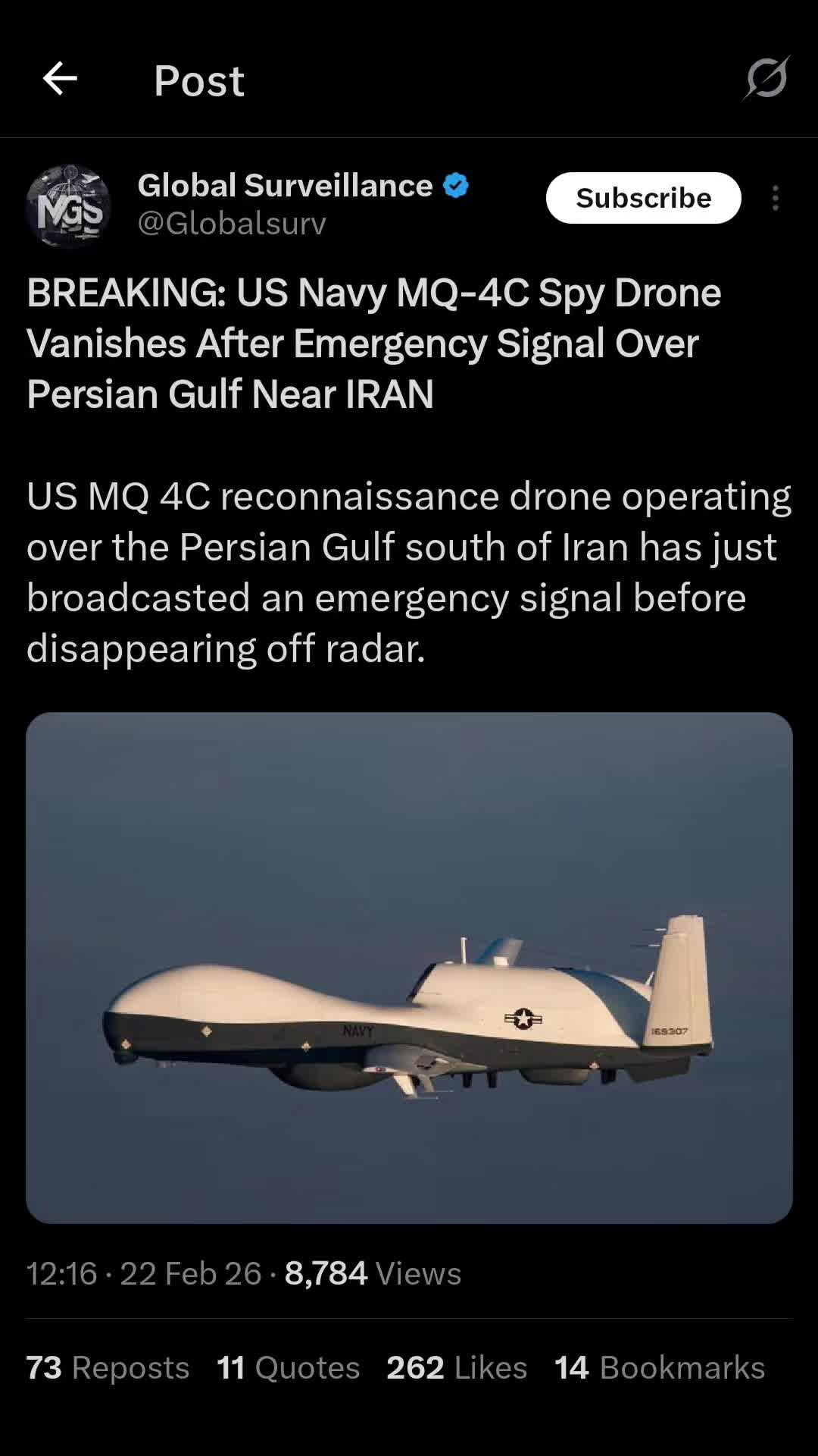 RUPTURE : Le drone espion MQ-4C de l’US Navy disparaît après un signal d’urgence au-dessus du Perse